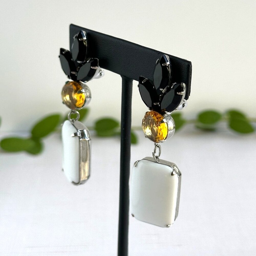 1990s Clip-On Statement Earrings, Black Navette, Yellow and White Glass Drops - Picture 3 of 6
